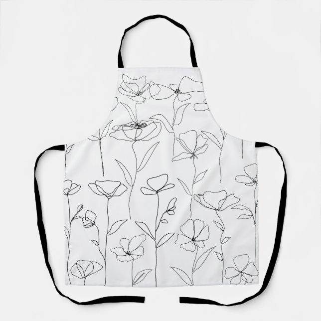 Poppy Wildflower Black and White Minimal Floral Apron (Front)