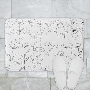 Poppy Wildflower Black and White Minimal Floral Bath Mat