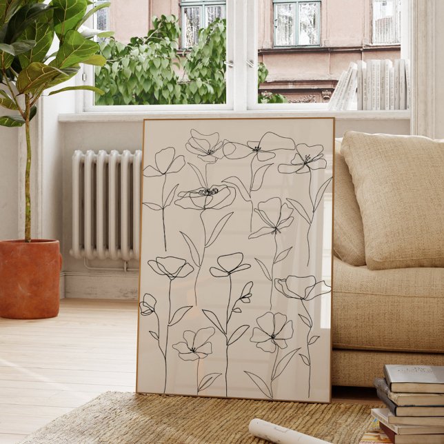 Poppy Wildflower Black and White Minimal Floral Poster (In situ Living room)