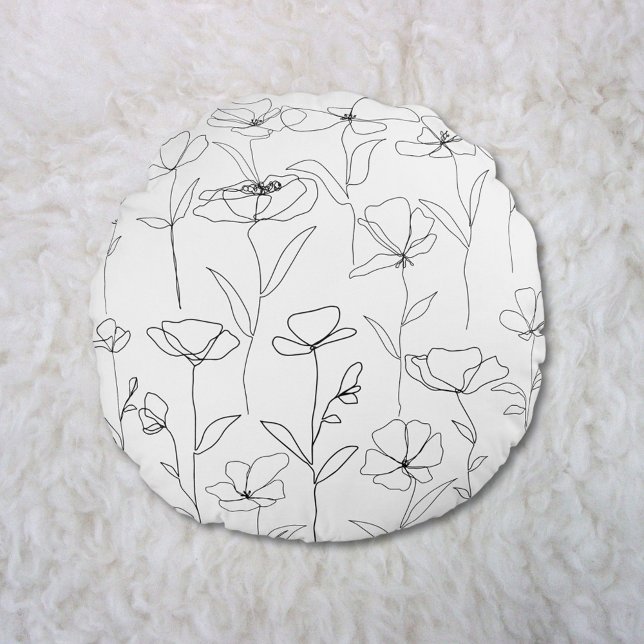Poppy Wildflower Black and White Minimal Floral Round Cushion (In situ)
