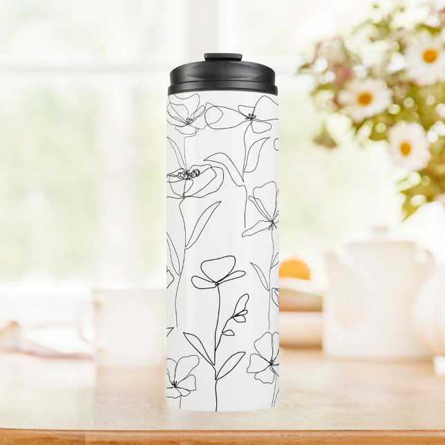 Poppy Wildflower Black and White Minimal Floral Thermal Tumbler (In situ)
