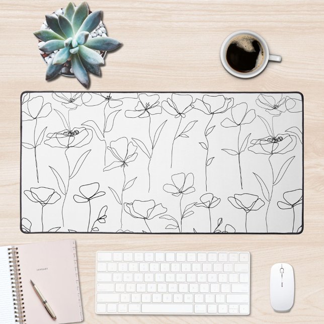 Poppy Wildflower Black and White Minimalist Floral Desk Mat (In situ office desk)