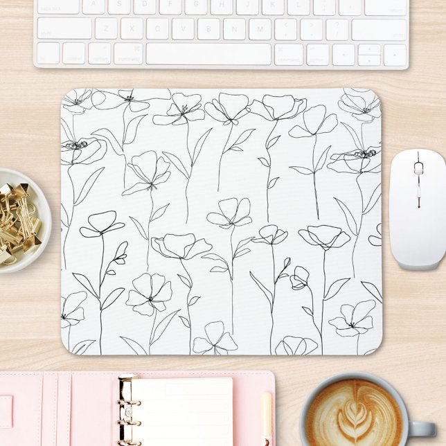 Poppy Wildflower Black and White Minimalist Floral Mouse Pad (In situ office desk)