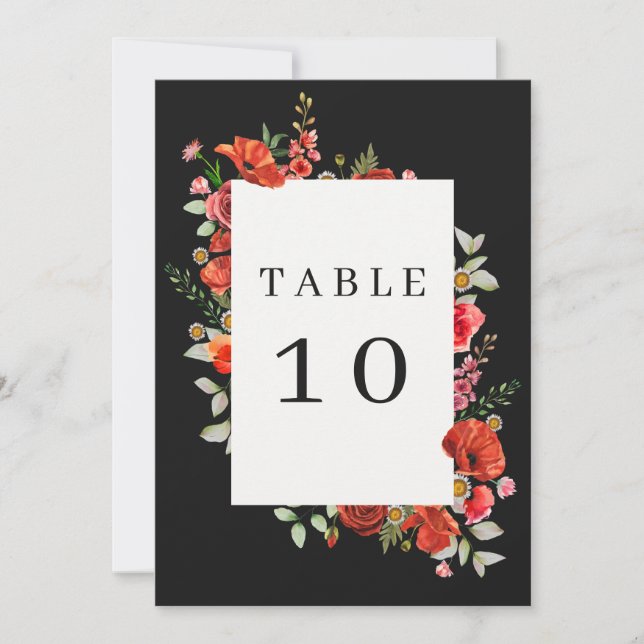 Poppy Wildflowers Dark Wedding Table Number (Front)