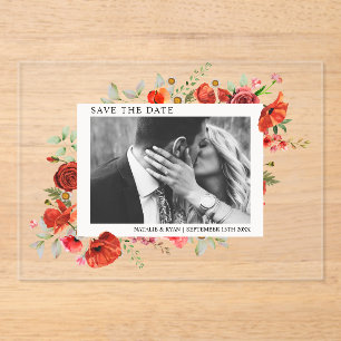 Poppy Wildflowers Engagement Photo Save The Date Acrylic Invitations
