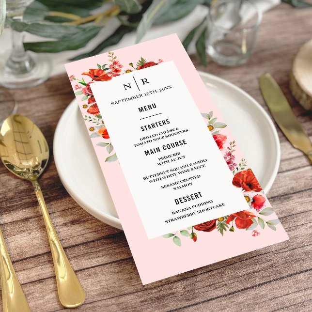 Poppy Wildflowers Monogram Pink Wedding Menu (Creator Uploaded)