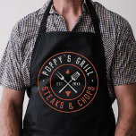 Poppy's Grill Personalised Year Established Apron<br><div class="desc">Treat a grill-loving grandpa to this this awesome custom apron for Father's Day or Grandparents' Day. Cool design for a grillmaster grandfather features a round logo with "Poppy's Grill,  Steaks and Chops" with illustrations of grilling tools,  a flame,  and a cow. Finish the design with the year established.</div>
