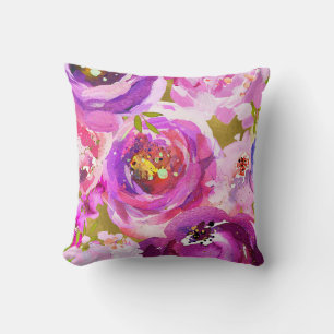 Pops Of Pink Purple Gold Modern Trendy Floral Chic Cushion