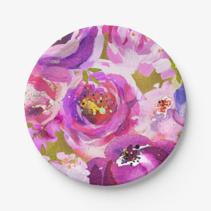 Pops Of Pink Purple Gold Modern Trendy Floral Chic Paper Plate