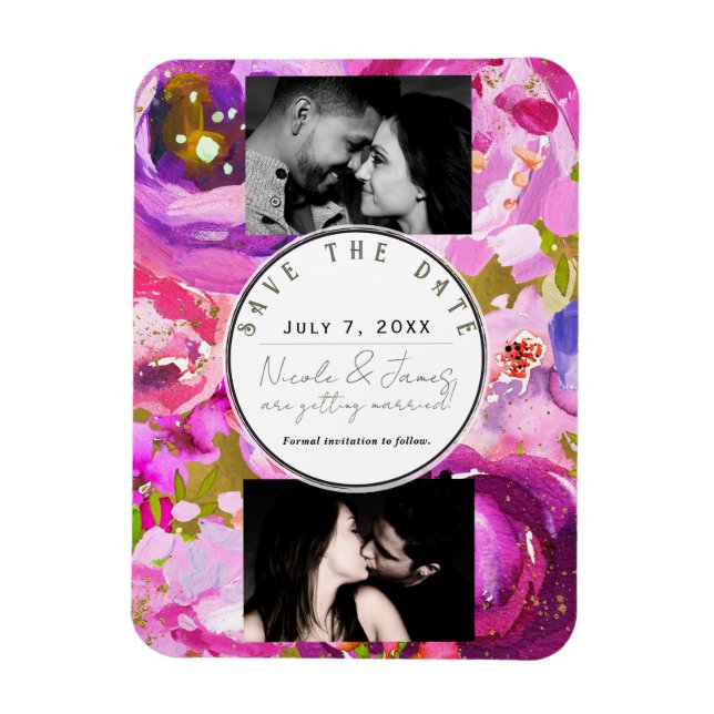 Pops of Pink & Purple Vibrant Floral Save the Date Magnet (Vertical)