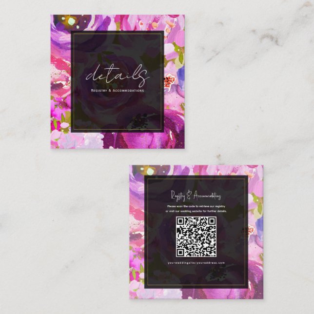 Pops of Pink Purple Vibrant Floral Wedding Details Square Business Card (Front/Back)