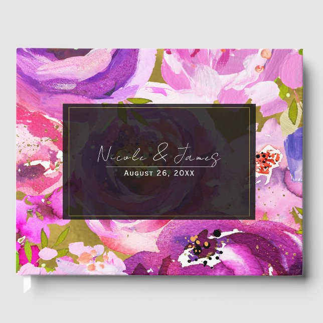 Pops of Pink & Purple Vibrant Floral Wedding Guest Book (Front)