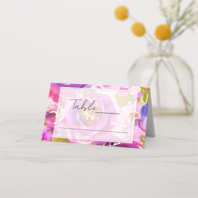 Pops of Pink & Purple Vibrant Floral Wedding Name Place Card (Front)