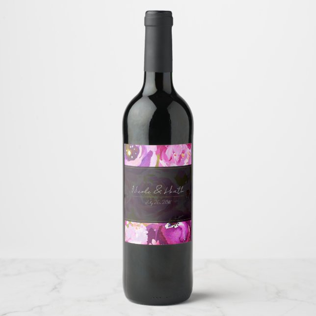 Pops of Pink & Purple Vibrant Floral Wedding Wine Label (Front)