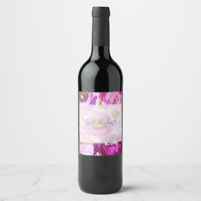 Pops of Pink & Purple Vibrant Floral Wedding Wine Label (Front)
