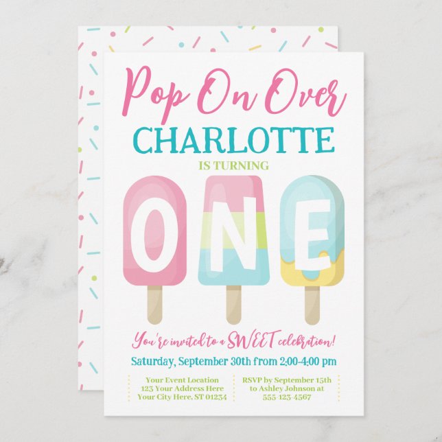 Popsicle 1st Birthday Invitation, Pop on Over Invitation (Front/Back)