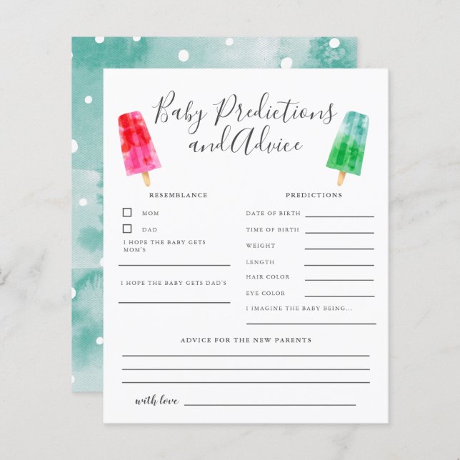 Popsicle Baby Predictions & Advice Card (Front/Back)