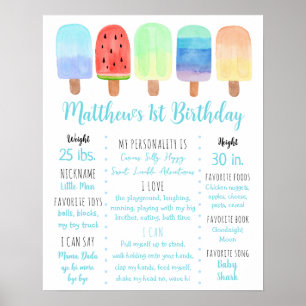 Popsicle Blue Boy First Birthday Milestone Poster