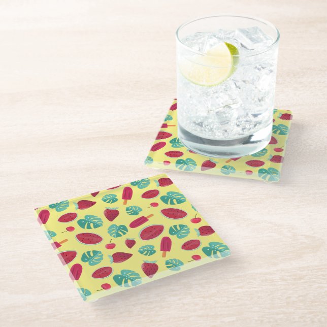 Popsicle, Cherry, Strawberry & Watermelon Leaves Glass Coaster (Angled)