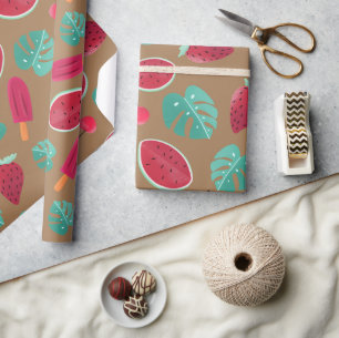 Popsicle, Cherry, Strawberry & Watermelon Leaves Wrapping Paper