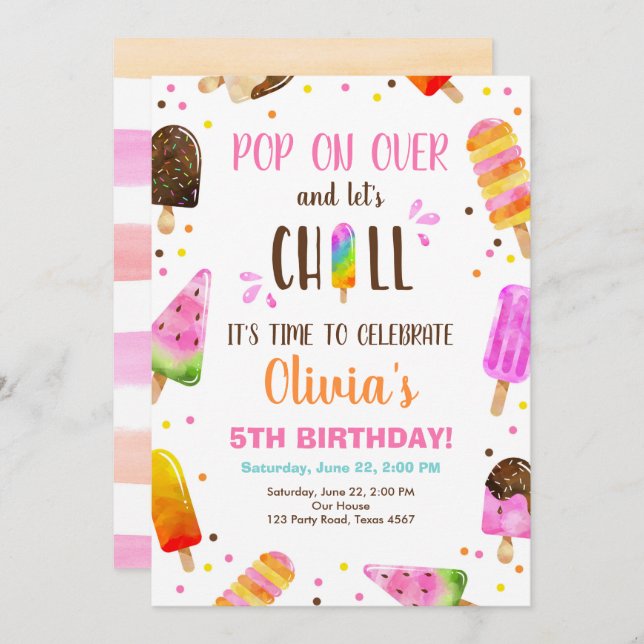 Popsicle Ice Cream Birthday Summer Pool Party Invitation (Front/Back)