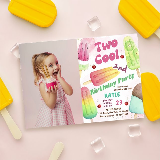 Popsicle Party Two Cool Girls 2nd Birthday Photo Invitation (Creator Uploaded)