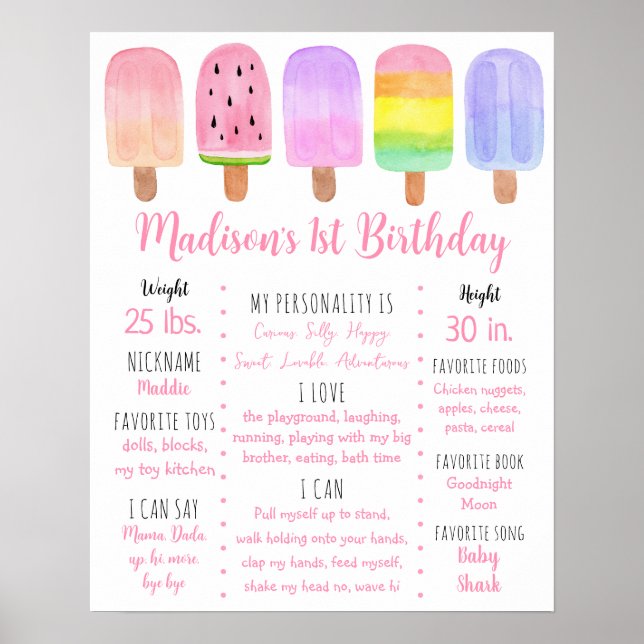Popsicle Pink Girl First Birthday Milestone Poster (Front)