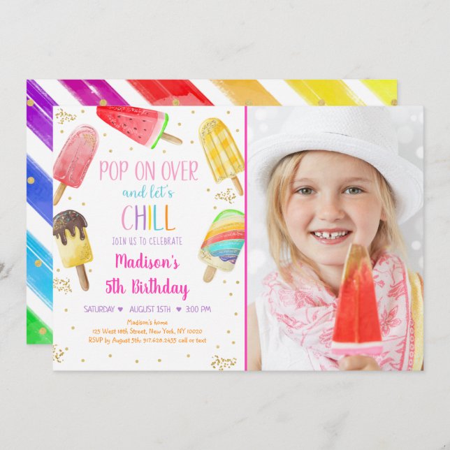 Popsicle Rainbow Pink Gold Girl Birthday Invitation (Front/Back)
