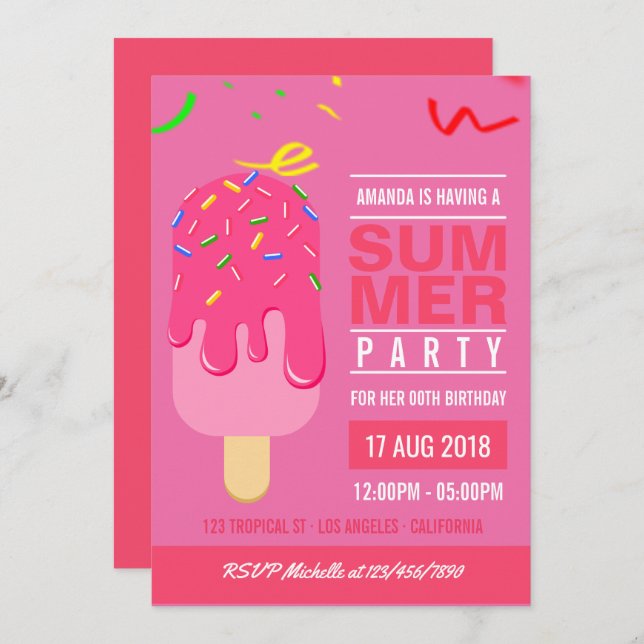 Popsicle Summer Girl Birthday Party invite (Front/Back)