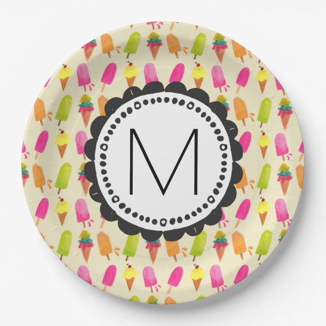 Popsicles and Ice Cream Personalised Monogram Paper Plate (Front)