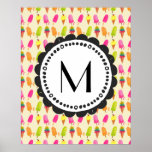 Popsicles and Ice Cream Personalised Monogram Poster<br><div class="desc">A poster with an image of a summery pattern with popsicles and ice cream in watercolors. Colourful vibrant colours such as pink and lime green. Write your custom monogram initial inside a round whimsical frame.</div>