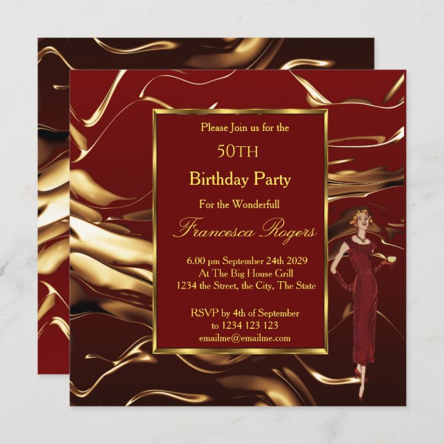 Popular 50th Birthday Party Gold Burgundy Invitation (Front/Back)
