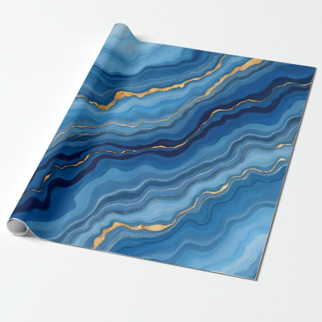 Popular Azure Blue Gold Marble Collection Wrapping Paper (Unrolled)