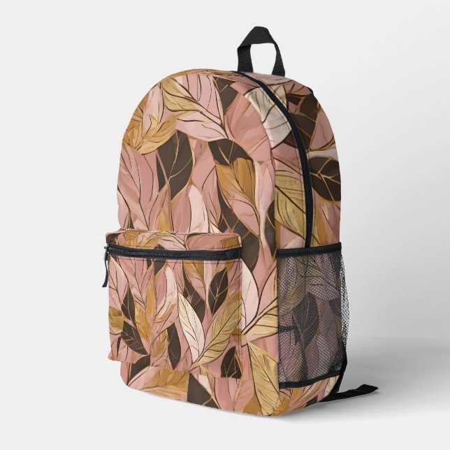 Popular Blush Pink Gold Boho Leaves Collection Printed Backpack (Back Corner Right)