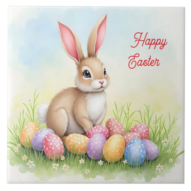 Popular Cute Easter Bunny And Eggs Collection Ceramic Tile (Front)