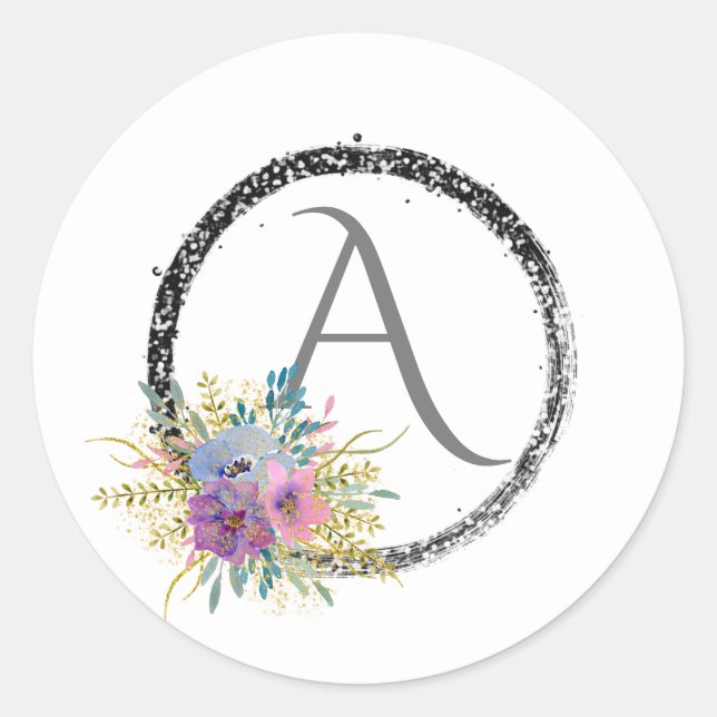 *~* Popular Floral Glitter Monogram Initial Girly Classic Round Sticker (Front)