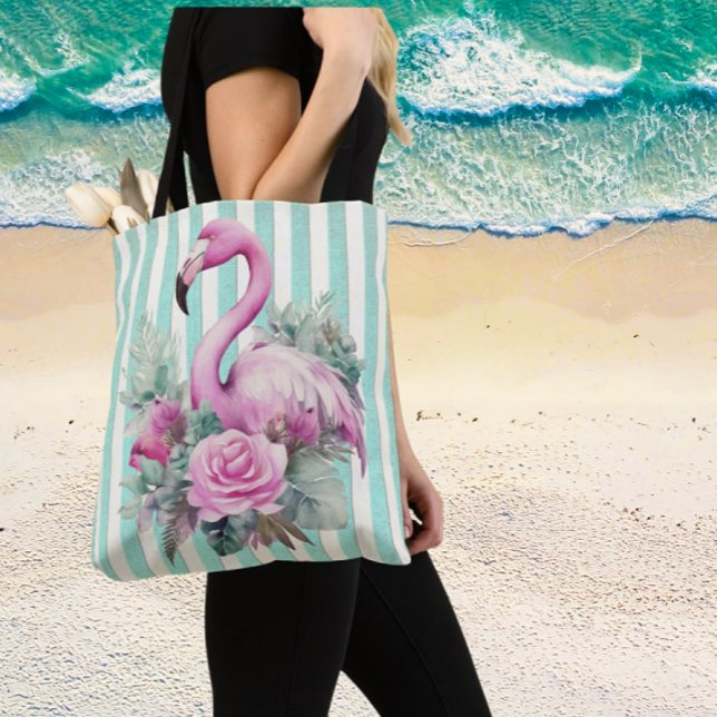 Popular Floral Pink Flamingo on Mint Stripe Tote Bag (Room for your towel, hat and book!)
