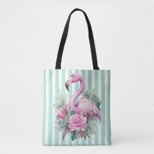 Popular Floral Pink Flamingo on Mint Stripe Tote Bag