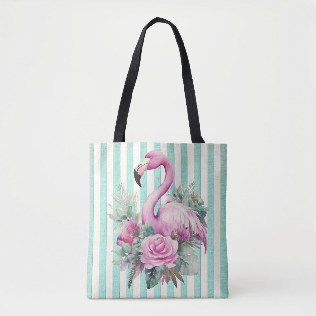 Popular Floral Pink Flamingo on Mint Stripe Tote Bag (Front)