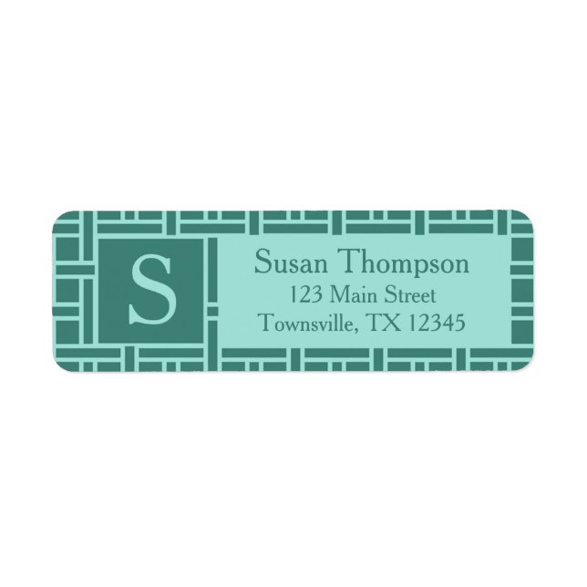 Popular Geometric Pattern Monogram Teal Return Address Label (Front)