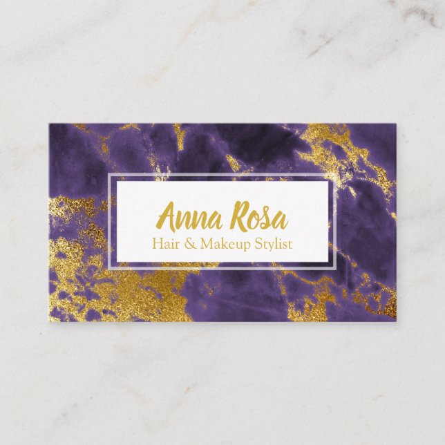 *~* Popular Gold Deep Purple Marble Chic Makeup Business Card (Front)