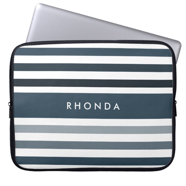 Popular Large Stripes With Name in Deep Blue Laptop Sleeve (Front)