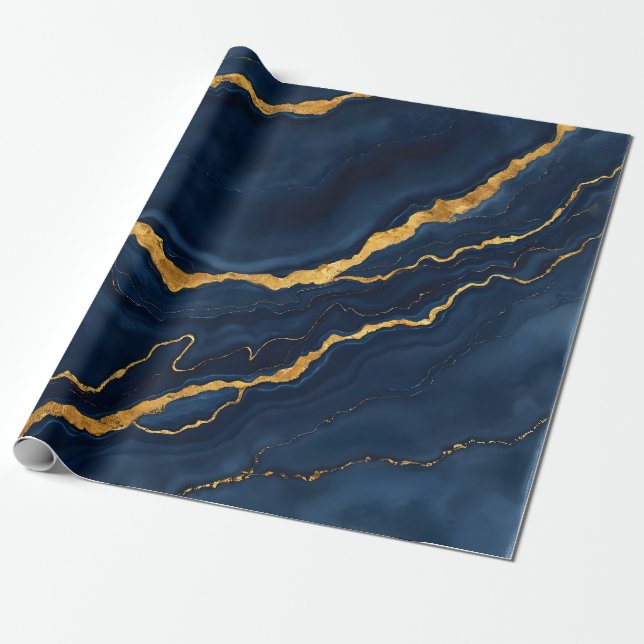 Popular Navy Blue Gold Marble Collection Wrapping Paper (Unrolled)