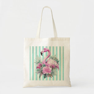 Popular Pink Flamingo on Mint Stripe Tote Bag
