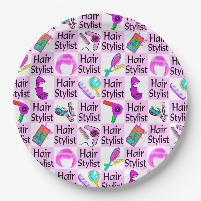 POPULAR PINK HAIR STYLIST AND BEAUTICIAN PAPER PLATE (Front)