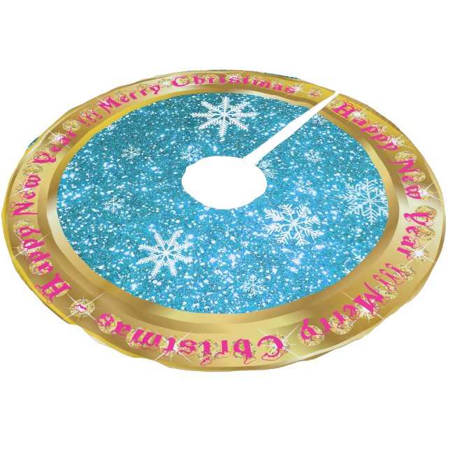 Popular Snowflake Gold Glitter Blue Brushed Polyester Tree Skirt (Angled)