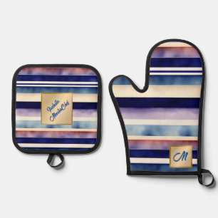 Popular Summer Navy Blue Boat Stripes Collection Oven Mitt & Pot Holder Set