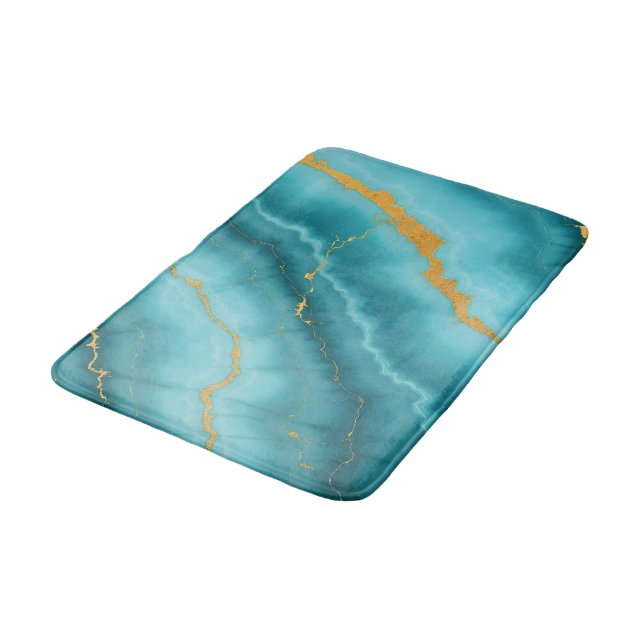 Popular Turquoise Blue Gold Marble Collection Bath Mat (Angled)