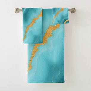 Popular Turquoise Blue Gold Marble Collection Bath Towel Set