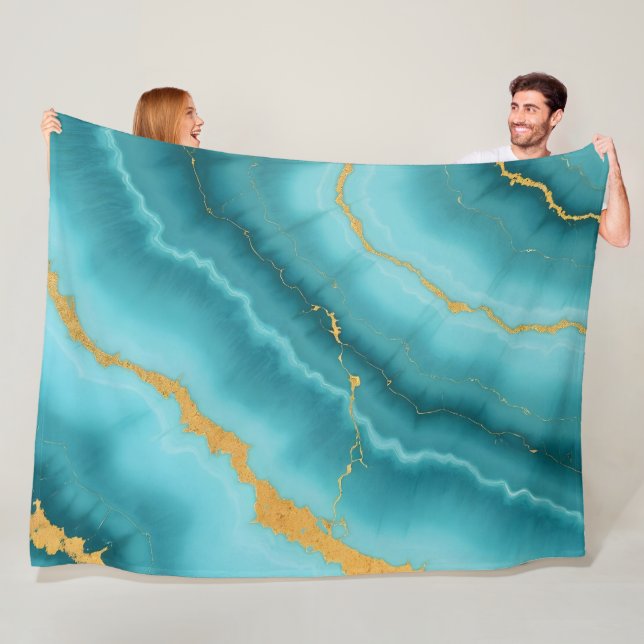 Popular Turquoise Blue Gold Marble Collection Fleece Blanket (In Situ)
